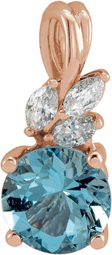 14K Gold Round Natural Aquamarine & Natural Diamond Accented Floral Necklace or Pendant - Rose Gold