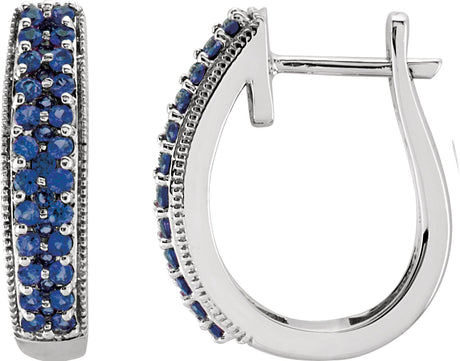 14K Gold Round Natural Blue Sapphire Accented U-Hoop Earrings - White Gold
