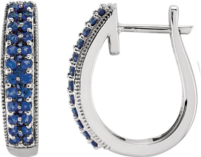 14K Gold Round Natural Blue Sapphire Accented U-Hoop Earrings - White Gold