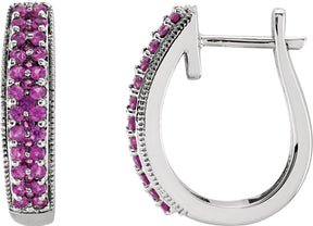 14K Gold Round Natural Pink Sapphire Accented U-Hoop Earrings