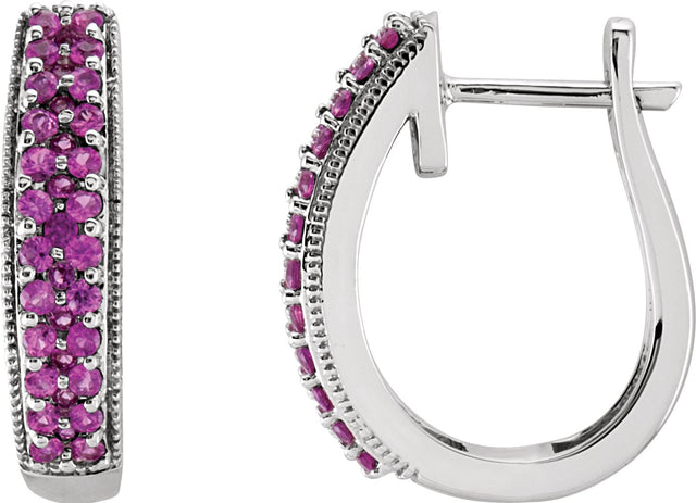 14K Gold Round Natural Pink Sapphire Accented U-Hoop Earrings