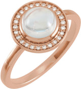 14K Gold Oval Natural Rainbow Moonstone & Natural Diamond Halo-Style Cabochon Ring – 7x5mm - Rose Gold