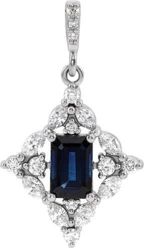 14K Gold Emerald Natural Blue Sapphire & Natural Diamond Halo-Style Necklace or Pendant - White Gold