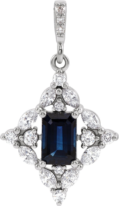 Platinum Emerald Natural Blue Sapphire & Natural Diamond Halo-Style Necklace or Pendant