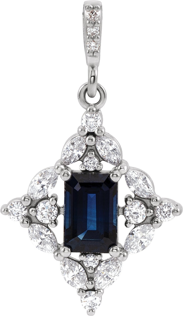 Platinum Emerald Natural Blue Sapphire & Natural Diamond Halo-Style Necklace or Pendant
