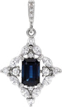 Platinum Emerald Natural Blue Sapphire & Natural Diamond Halo-Style Necklace or Pendant