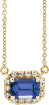 14K Gold Emerald Natural Tanzanite & Natural Diamond French-Set Halo-Style Necklace - Yellow Gold