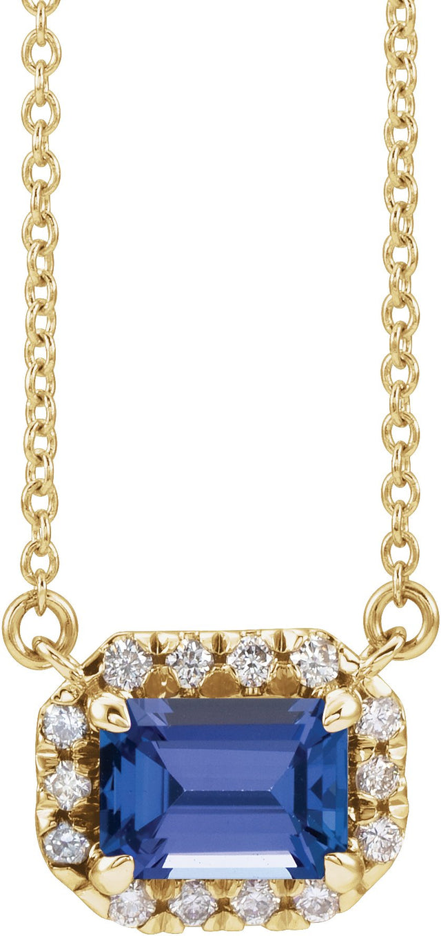 14K Gold Emerald Natural Tanzanite & Natural Diamond French-Set Halo-Style Necklace - Yellow Gold