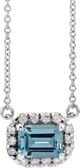 14K Gold Emerald Natural Aquamarine & Natural Diamond French-Set Halo-Style Necklace - White Gold