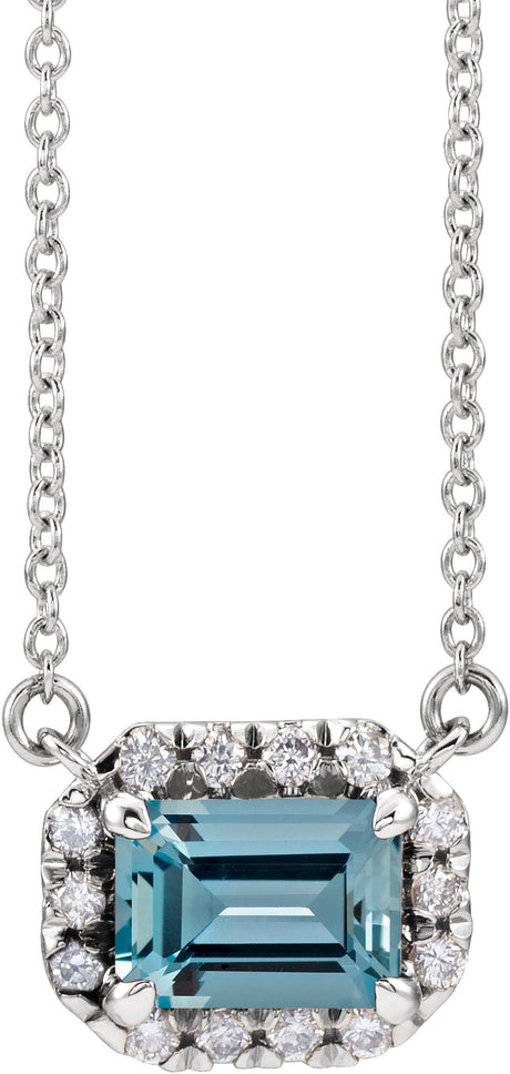 14K Gold Emerald Natural Aquamarine & Natural Diamond French-Set Halo-Style Necklace - White Gold