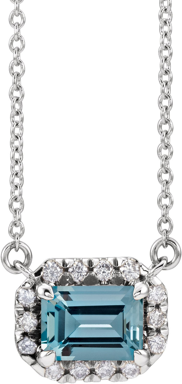 Platinum Emerald Natural Aquamarine & Natural Diamond French-Set Halo-Style Necklace