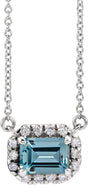 Platinum Emerald Natural Aquamarine & Natural Diamond French-Set Halo-Style Necklace