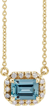 14K Gold Emerald Natural Aquamarine & Natural Diamond French-Set Halo-Style Necklace - Yellow Gold