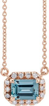 14K Gold Emerald Natural Aquamarine & Natural Diamond French-Set Halo-Style Necklace - Rose Gold