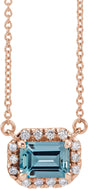 14K Gold Emerald Natural Aquamarine & Natural Diamond French-Set Halo-Style Necklace - Rose Gold