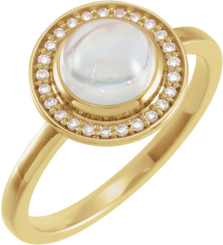 14K Gold Oval Natural Rainbow Moonstone & Natural Diamond Halo-Style Cabochon Ring – 7x5mm - Yellow Gold