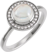 Platinum Oval Natural Rainbow Moonstone & Natural Diamond Halo-Style Cabochon Ring