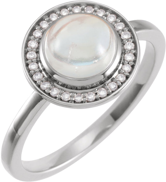 Platinum Oval Natural Rainbow Moonstone & Natural Diamond Halo-Style Cabochon Ring