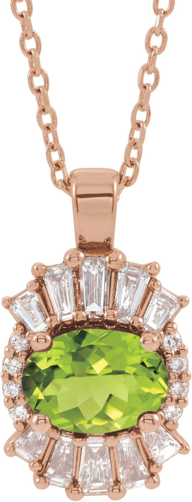 14K Gold Oval Natural Peridot Halo-Style Necklace or Pendant - Rose Gold - view 3