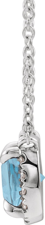 14K Gold Square Natural Aquamarine & Natural Diamond Halo-Style Necklace - White Gold