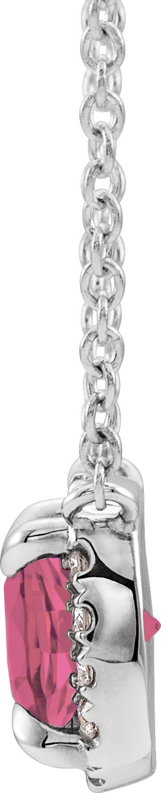 Platinum Square Natural Pink Tourmaline & Natural Diamond Halo-Style Necklace - view 2