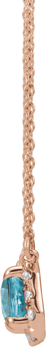 14K Gold Emerald Natural Blue Zircon & Natural Diamond French-Set Halo-Style Necklace - Rose Gold - view 2