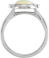 14K Gold Round Natural White Opal & Natural Diamond Bezel-Set Cabochon Ring - White Gold - view 2