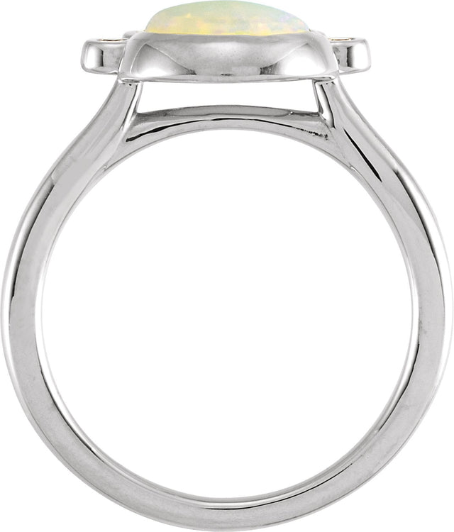 14K Gold Round Natural White Opal & Natural Diamond Bezel-Set Cabochon Ring - White Gold - view 2