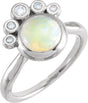 14K Gold Round Natural White Opal & Natural Diamond Bezel-Set Cabochon Ring - White Gold