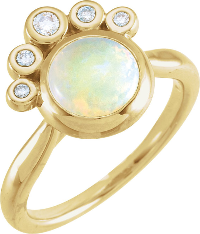 14K Gold Round Natural White Opal Bezel-Set Cabochon Ring – 8mm Stones