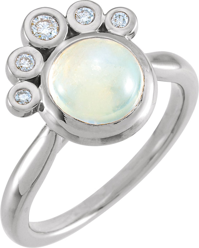 Platinum Round Natural Rainbow Moonstone & Natural Diamond Bezel-Set Cabochon Ring