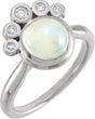 14K Gold Round Natural Rainbow Moonstone & Natural Diamond Bezel-Set Cabochon Ring - White Gold