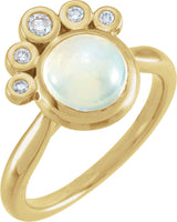 14K Gold Round Natural Rainbow Moonstone & Natural Diamond Bezel-Set Cabochon Ring - Yellow Gold