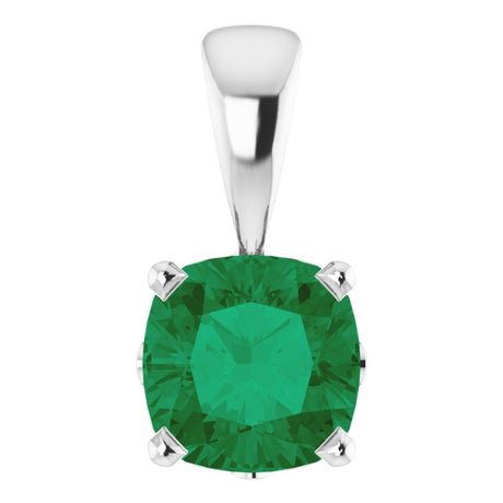 14K Gold Cushion Lab-Grown Emerald Solitaire Scroll Setting Pendant - White Gold