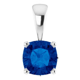 14K Gold Cushion Lab-Grown Blue Sapphire Solitaire Scroll Setting Pendant - White Gold