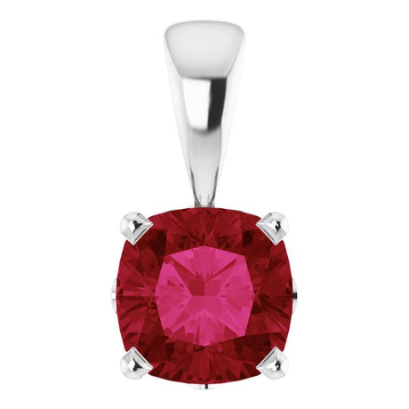 14K Gold Cushion Lab-Grown Ruby Solitaire Scroll Setting Pendant - White Gold