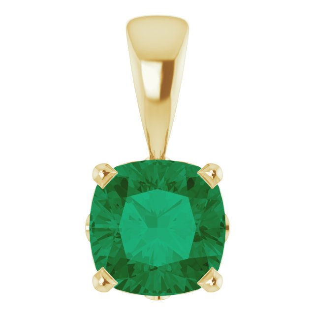14K Gold Cushion Lab-Grown Emerald Solitaire Scroll Setting Pendant - Yellow Gold