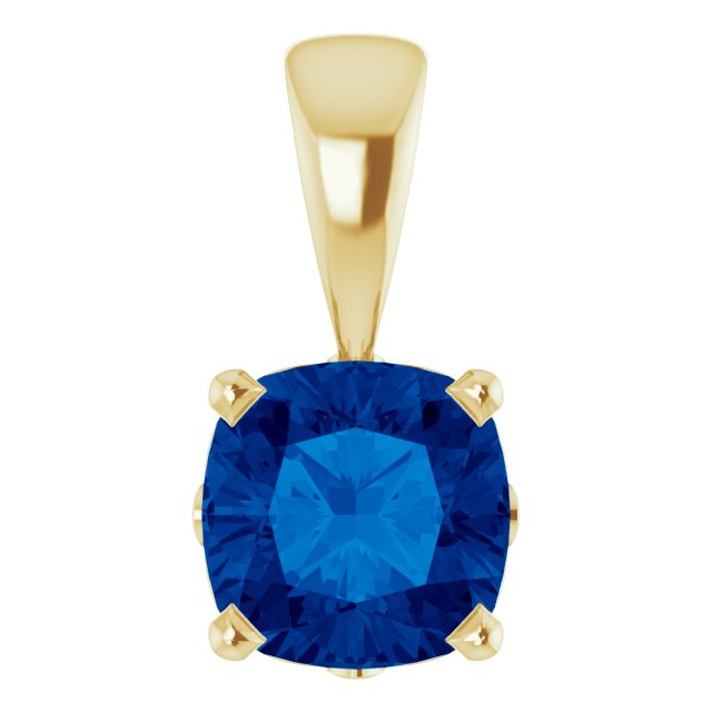 14K Gold Cushion Lab-Grown Blue Sapphire Solitaire Scroll Setting Pendant - Yellow Gold
