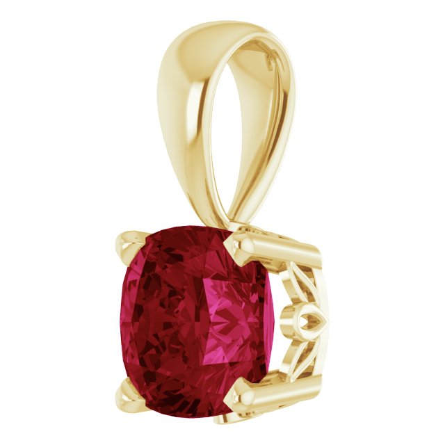 14K Gold Cushion Lab-Grown Ruby Solitaire Scroll Setting Pendant - Yellow Gold - view 2