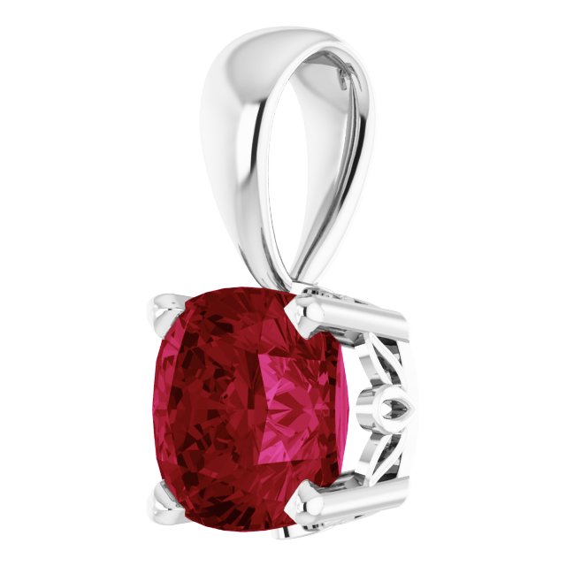 14K Gold Cushion Lab-Grown Ruby Solitaire Scroll Setting Pendant - White Gold - view 2