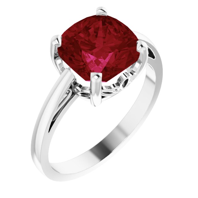 14K Gold Lab-Grown Ruby Cushion Scroll Setting Ring - White Gold