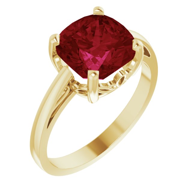 14K Gold Lab-Grown Ruby Cushion Scroll Setting Ring - Yellow Gold