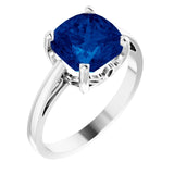 14K Gold Lab-Grown Blue Sapphire Cushion Scroll Setting Ring - White Gold