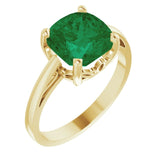 14K Gold Lab-Grown Emerald Cushion Scroll Setting Ring - Yellow Gold