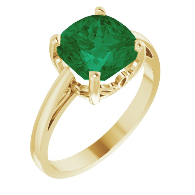 14K Gold Lab-Grown Emerald Cushion Scroll Setting Ring - Yellow Gold