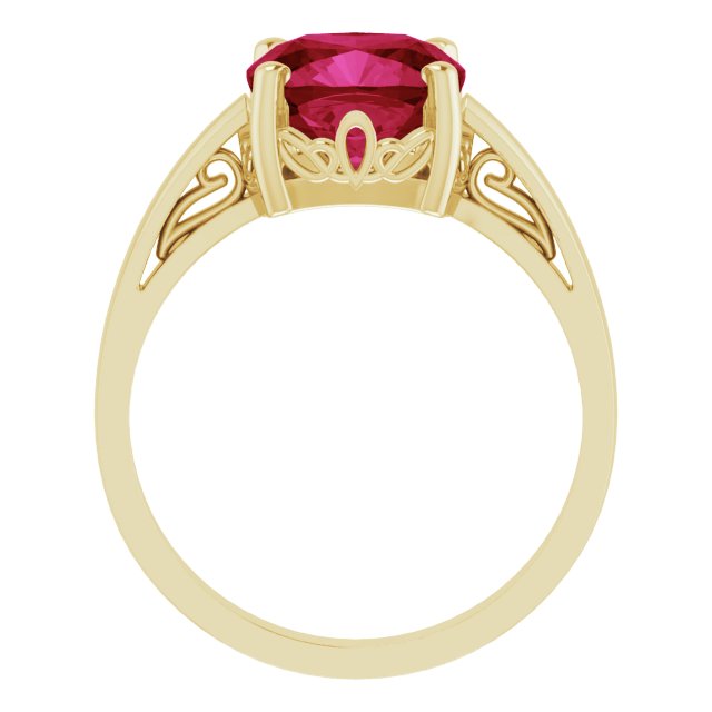 14K Gold Lab-Grown Ruby Cushion Scroll Setting Ring - Yellow Gold - view 2