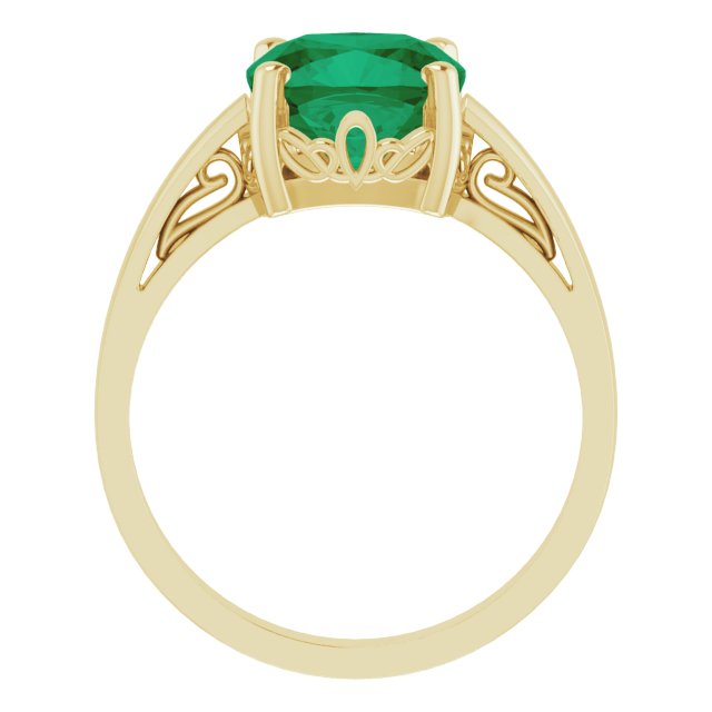 14K Gold Lab-Grown Emerald Cushion Scroll Setting Ring - Yellow Gold - view 2
