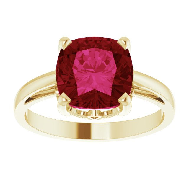 14K Gold Lab-Grown Ruby Cushion Scroll Setting Ring - Yellow Gold - view 3