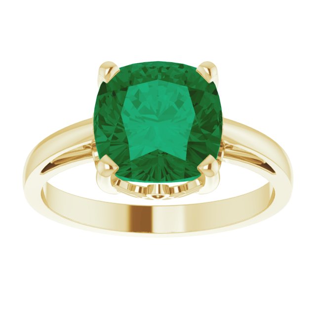 14K Gold Lab-Grown Emerald Cushion Scroll Setting Ring - Yellow Gold - view 3