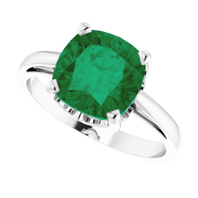 14K Gold Lab-Grown Emerald Cushion Scroll Setting Ring - White Gold - view 5